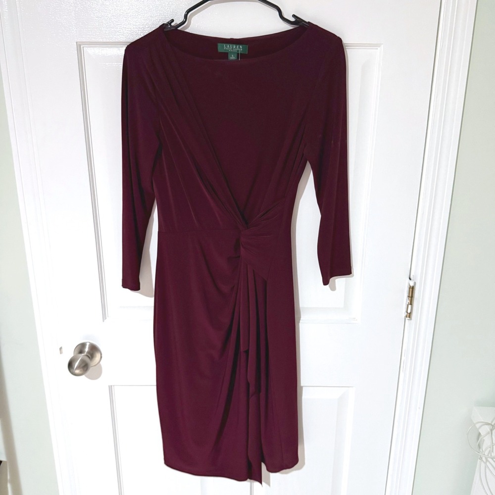 Lauren Ralph Lauren Burgundy Twist Front Faux Wrap Sheath Dress Size 6
